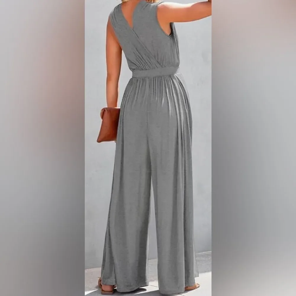 SMALL NWT Grey Wide-Leg Jumpsuit Jumper Elastic Waist and Sleeveless Tank - Picture 2 of 13